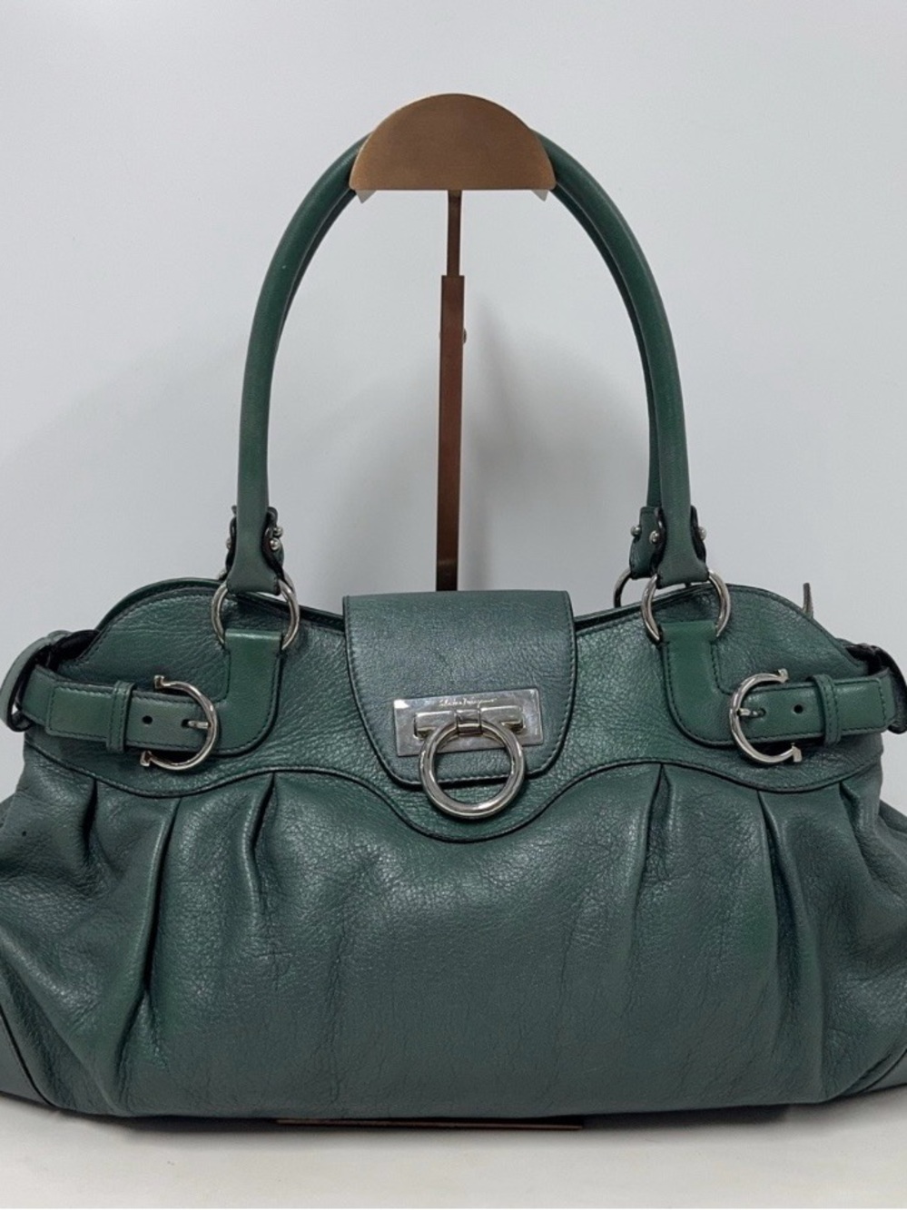 Salvatore Ferragamo Dark Green Leather Shoulder Bag with Silver Hardware
